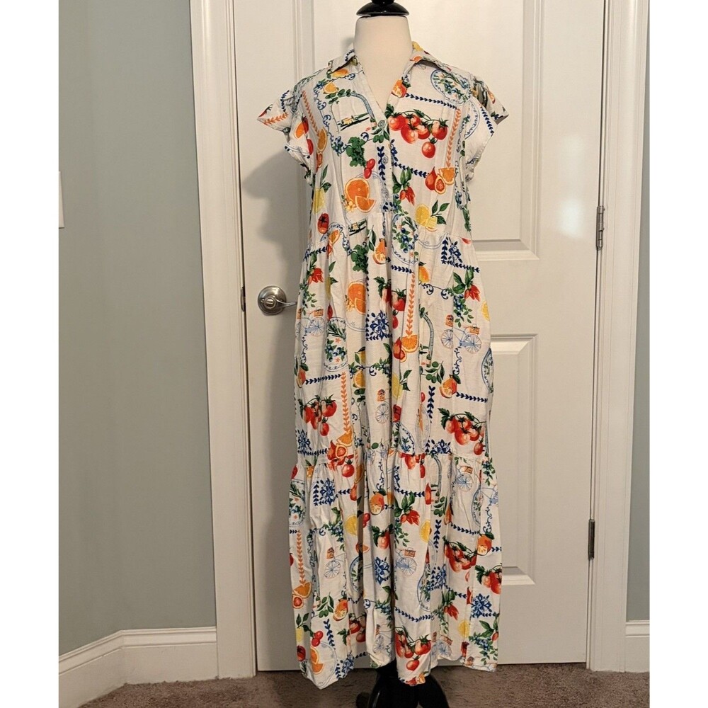Jane & Delancey Fruit & Mediterranean Print Vacation Tiered Maxi Dress Large